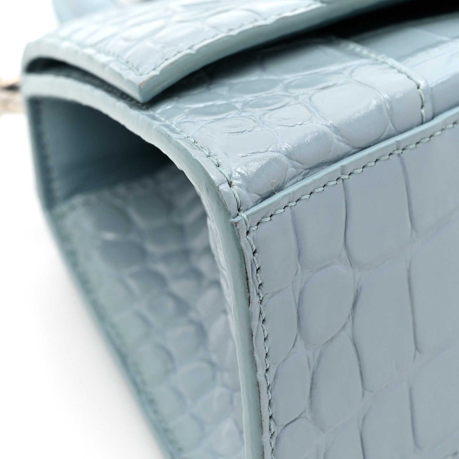 Balenciaga Shiny Calfskin Crocodile Embossed Hourglass Top Handle Bag XS Blue Grey 12 of 15