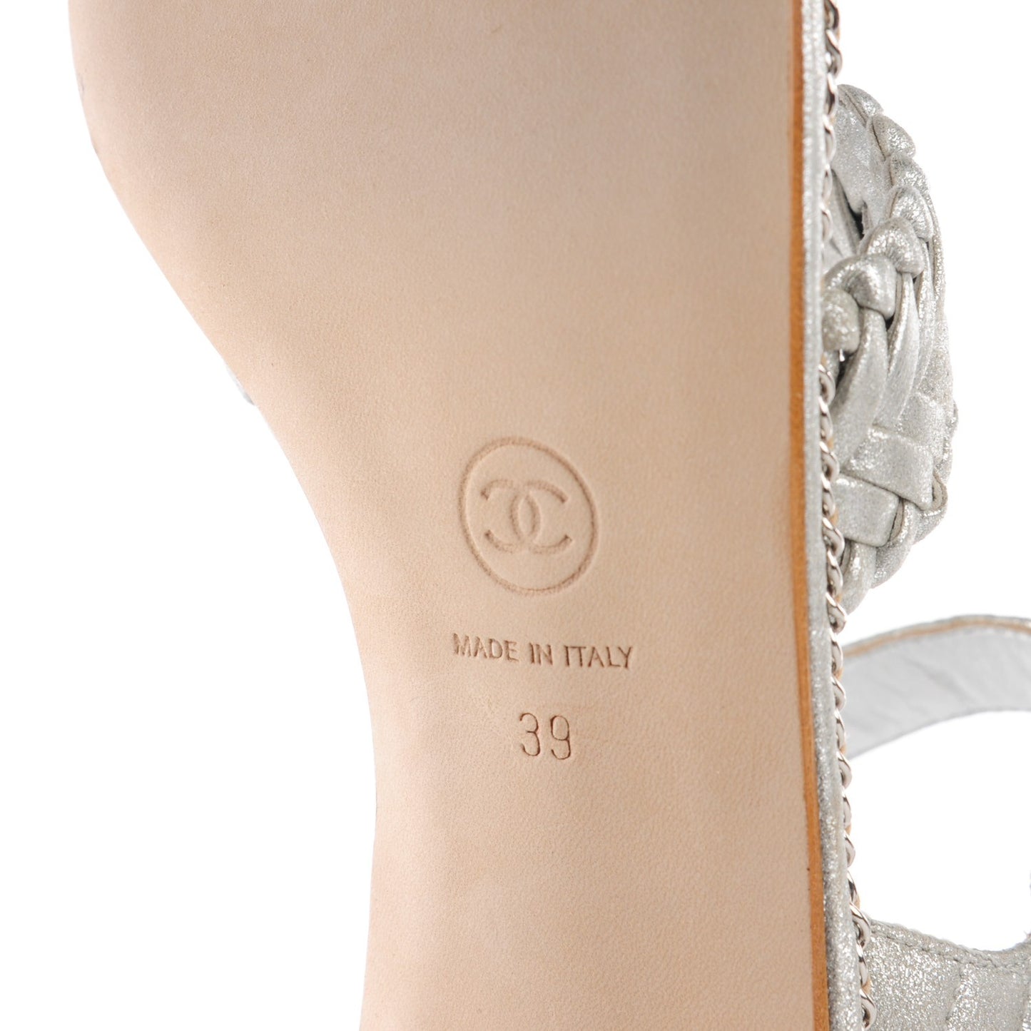 Metallic Goatskin Quilted Chain Sandals 39 Silver