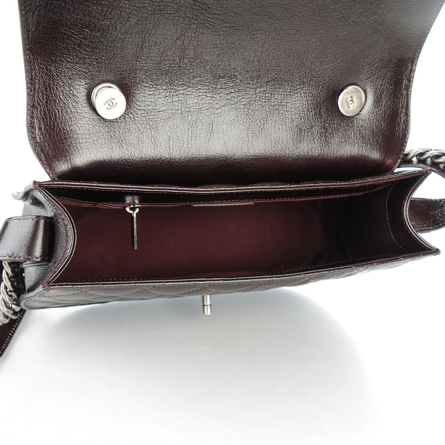 Shiny Goatskin Quilted Medium Double Chained Messenger Flap Dark Burgundy