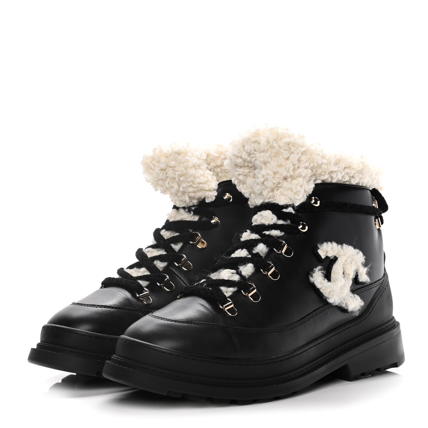 Chanel Calfskin Shearling CC Lace Up Boots 40.5 Black 3 of 16
