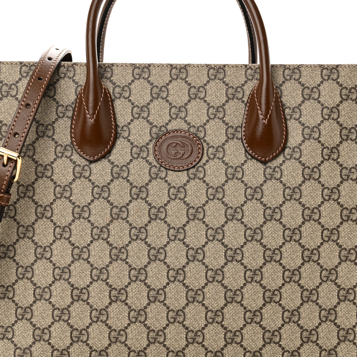 GG Supreme Monogram Azalea Calfskin Small Retro Interlocking G Tote Bag Beige Ebony Brown Sugar