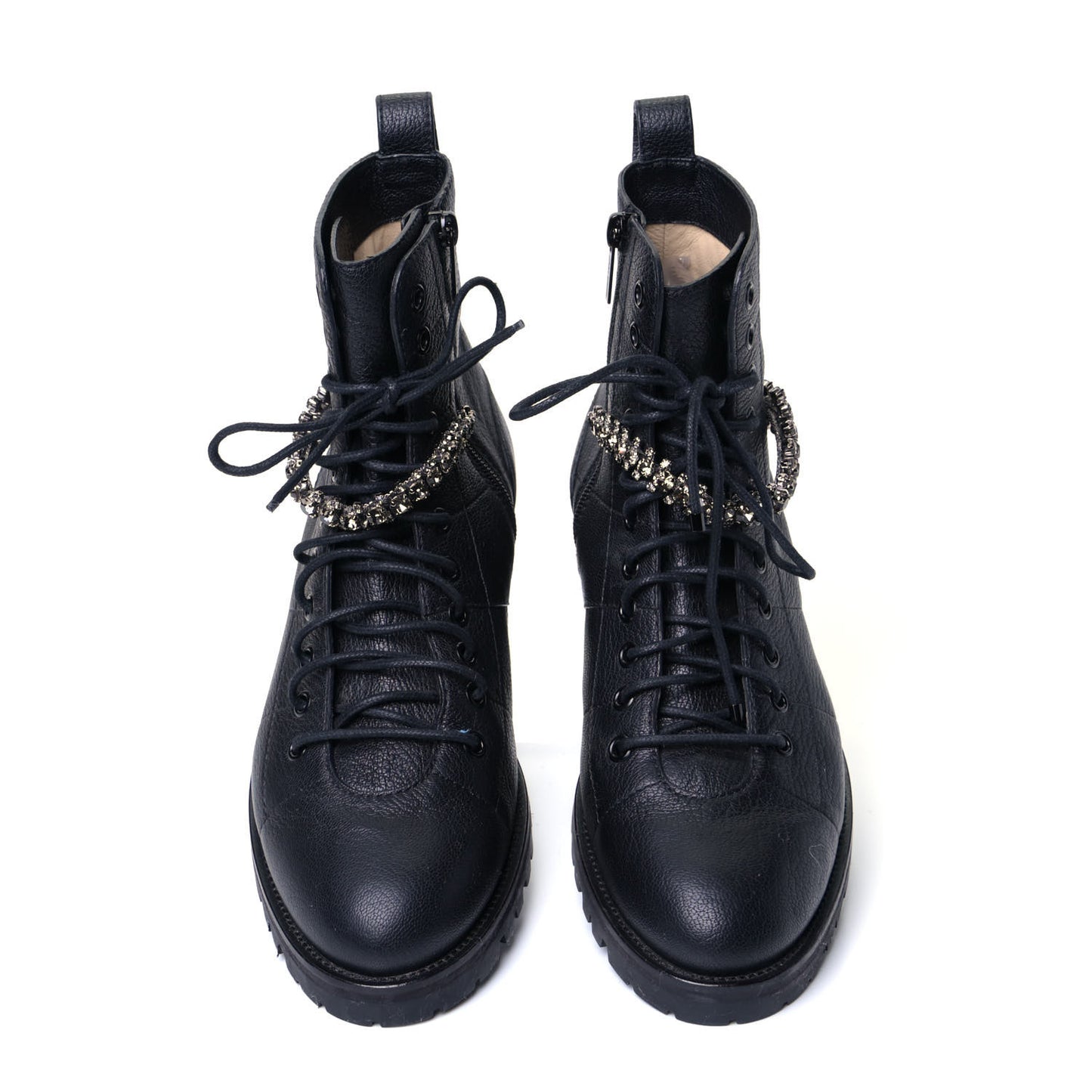 Grained Calfskin Crystal Embellished Cruz Combat Boots 40.5 Black