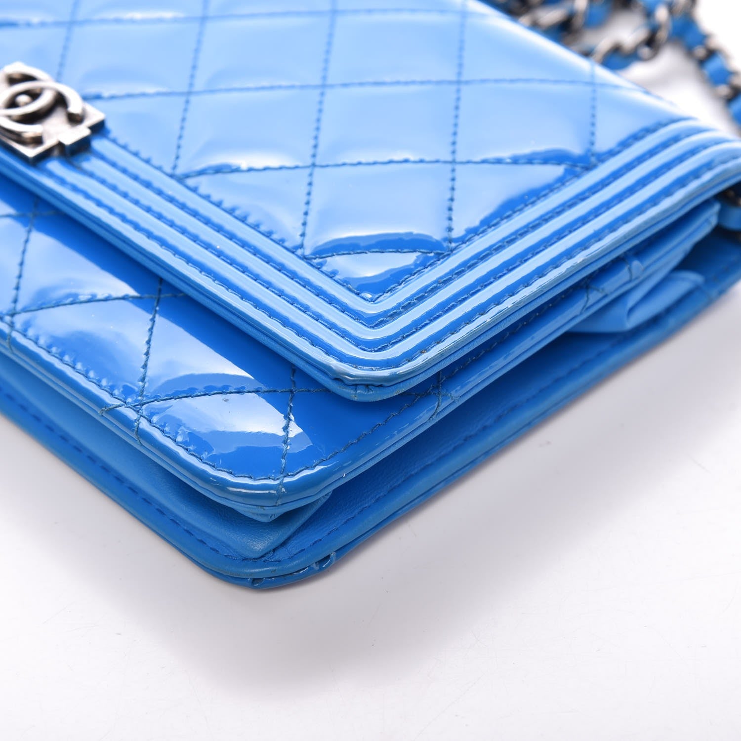 Chanel Patent Calfskin Quilted Boy Wallet On Chain WOC Blue 15 of 17