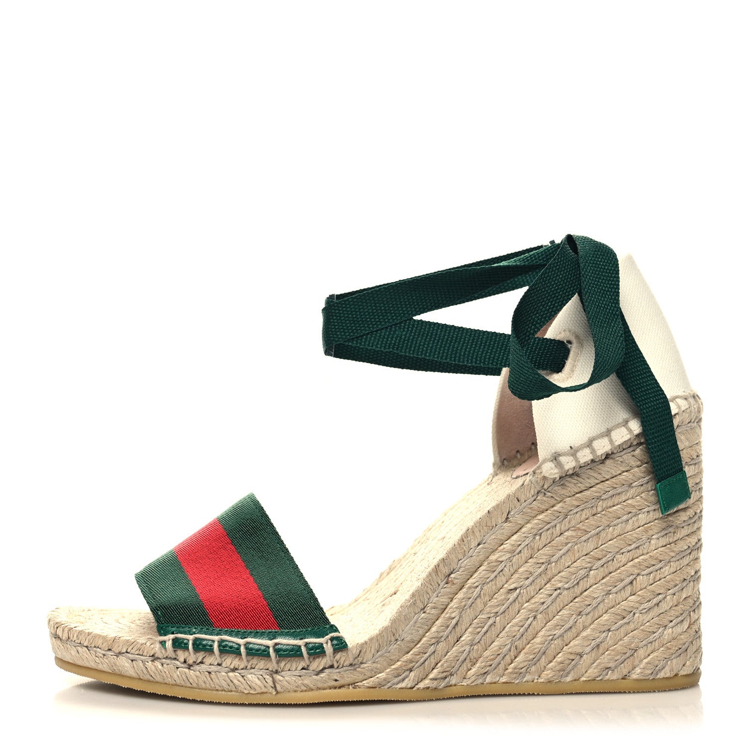 Gucci Canvas Malaga Kid Web Ankle Wrap Espadrille Wedge Sandals 39.5 Green Red Mystic White Emerald 1 of 10