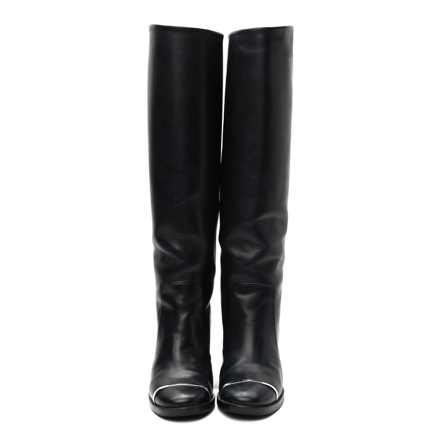 Calfskin CC Cap Toe Knee High Boots 37 Marine Fonce