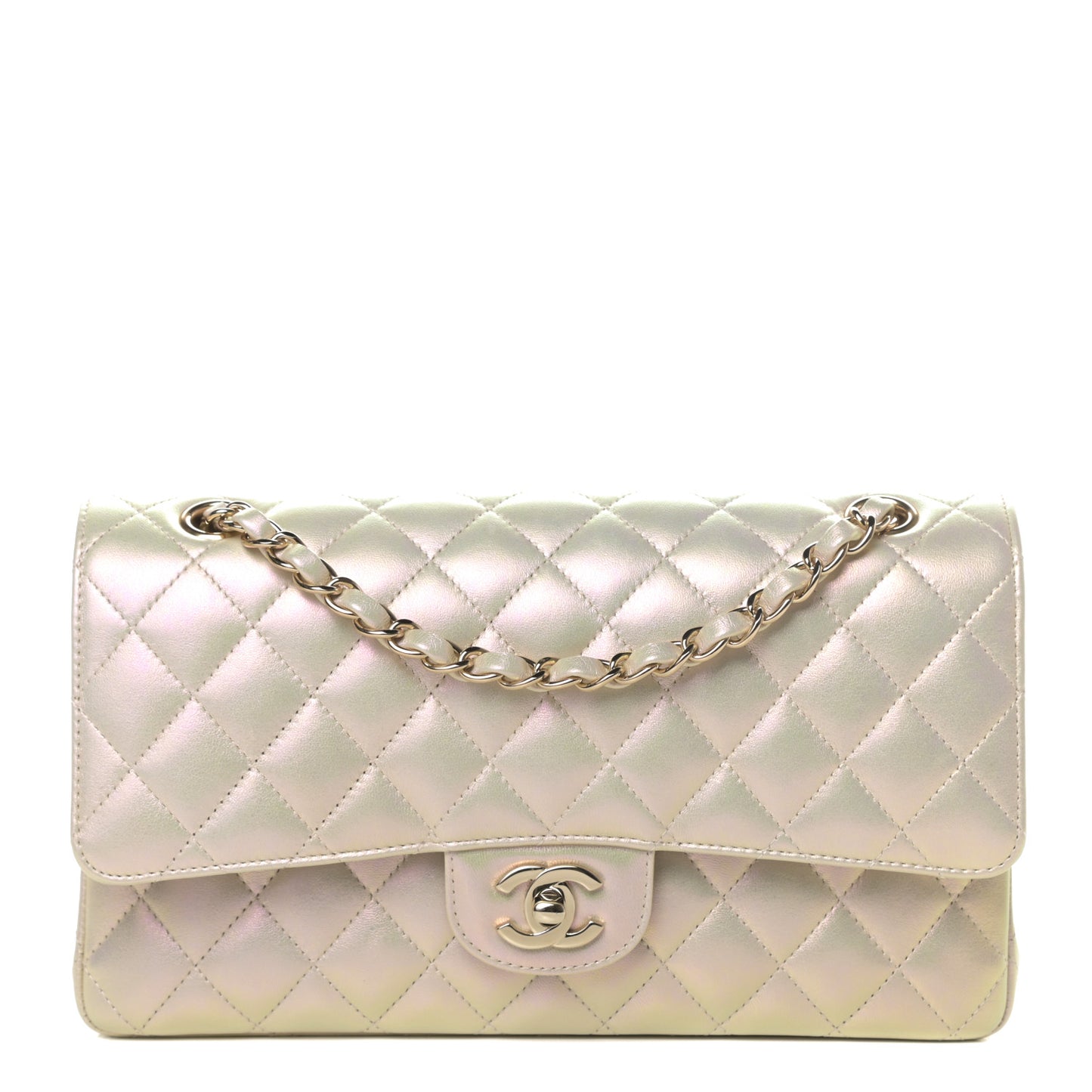Iridescent Lambskin Quilted Medium Double Flap Ivory