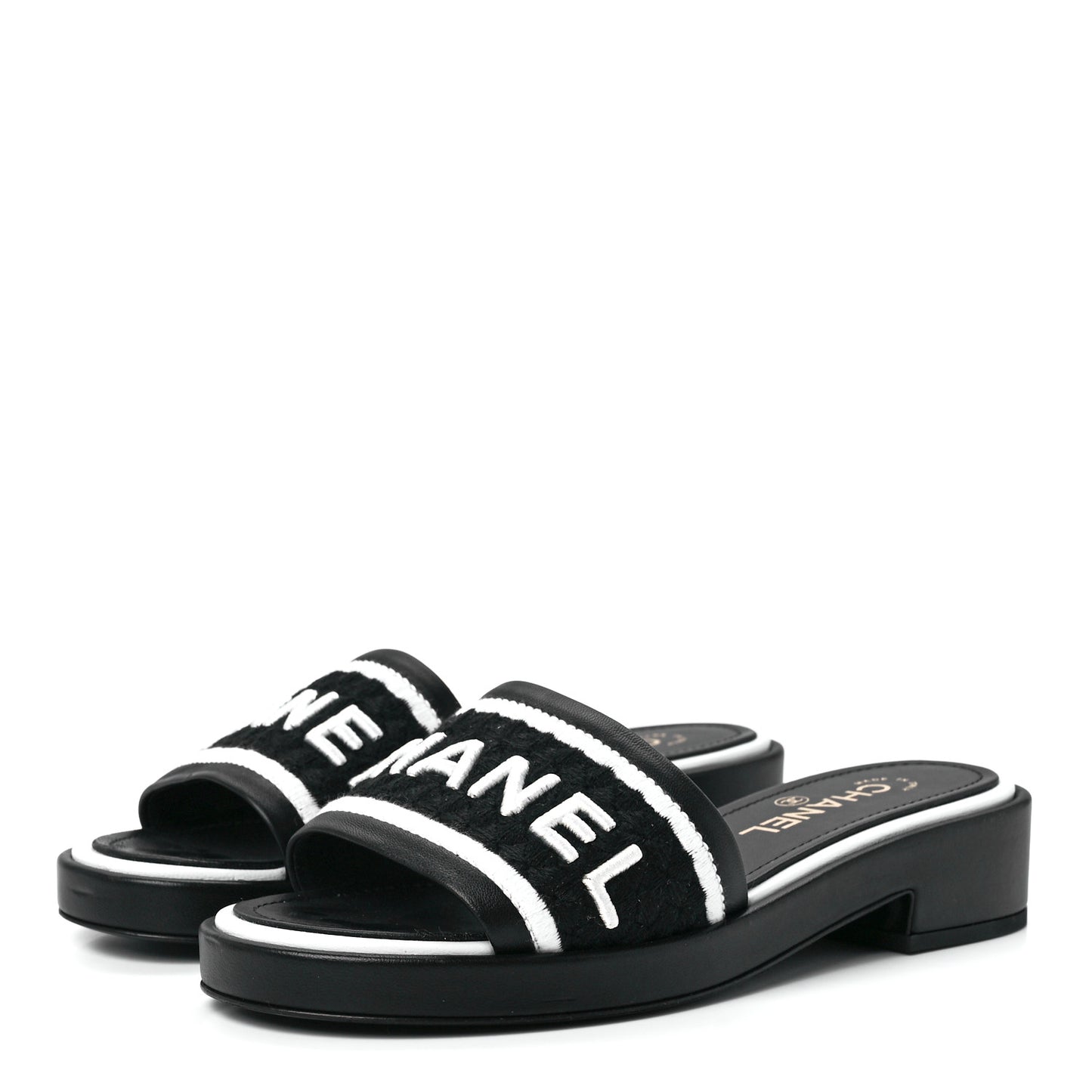 Lambskin Embroidered CC Mule Sandal 38 Black White