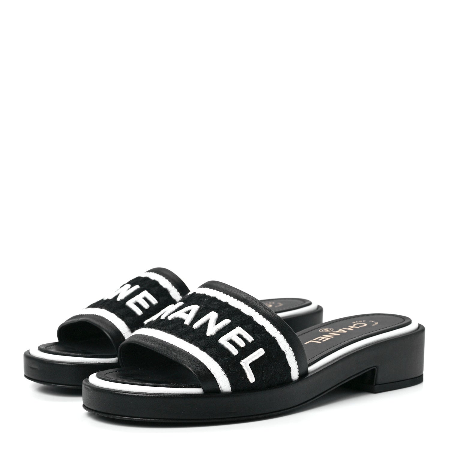 Chanel Lambskin Embroidered CC Mule Sandal 38 Black White 3 of 8