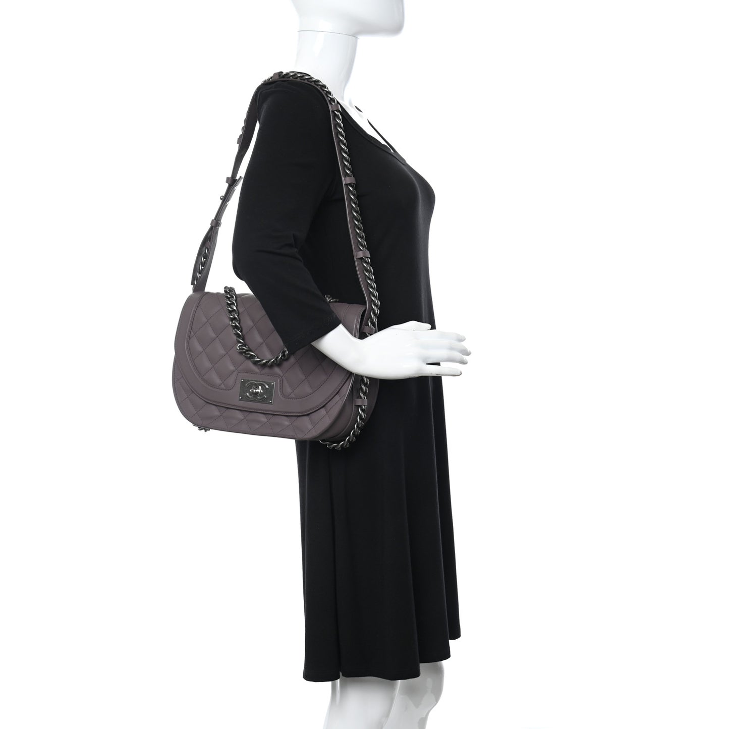 Calfskin Quilted Large Double Chained Messenger Flap Purple