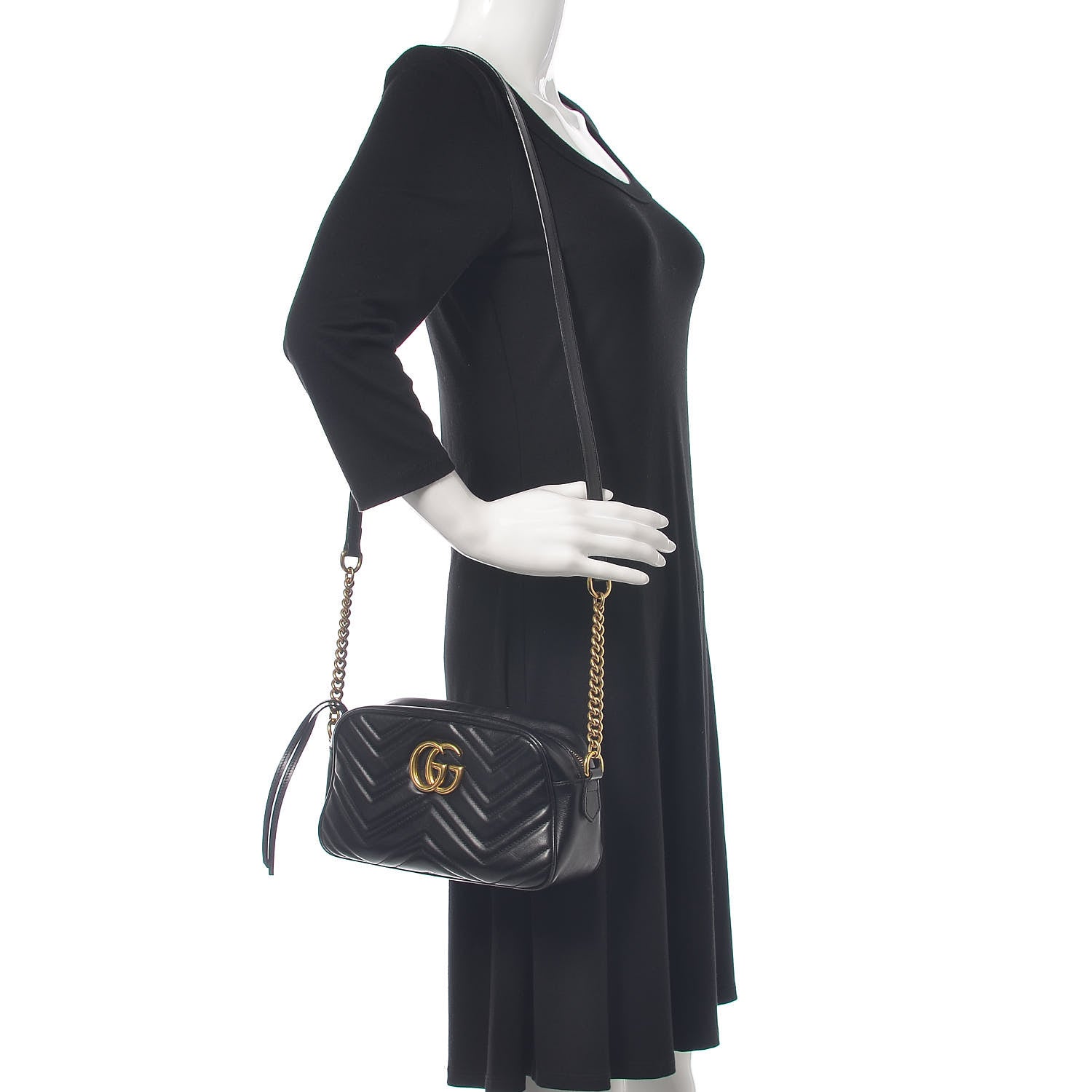 Gucci Calfskin Matelasse Small GG Marmont Chain Shoulder Bag Black 2 of 18