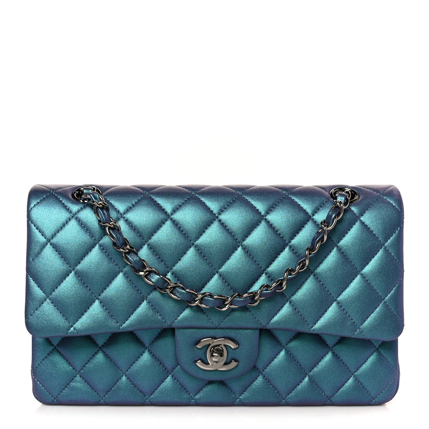Metallic Lambskin Quilted Medium Double Flap Turquoise