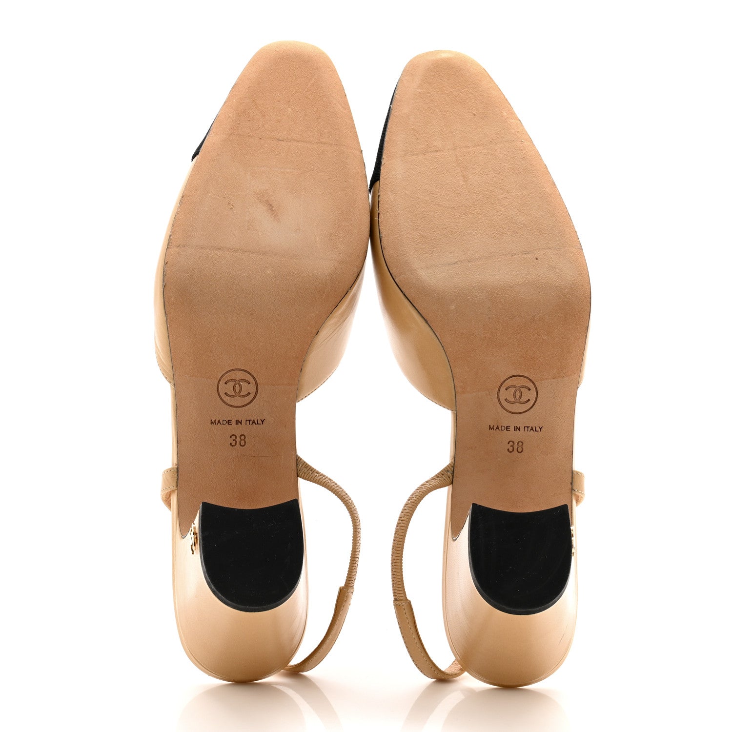 Chanel Goatskin Grosgrain Cap Toe CC Slingback Pumps 38 Beige Black 5 of 12