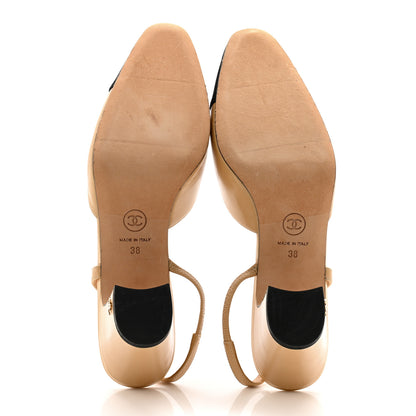 Chanel Goatskin Grosgrain Cap Toe CC Slingback Pumps 38 Beige Black 5 of 12