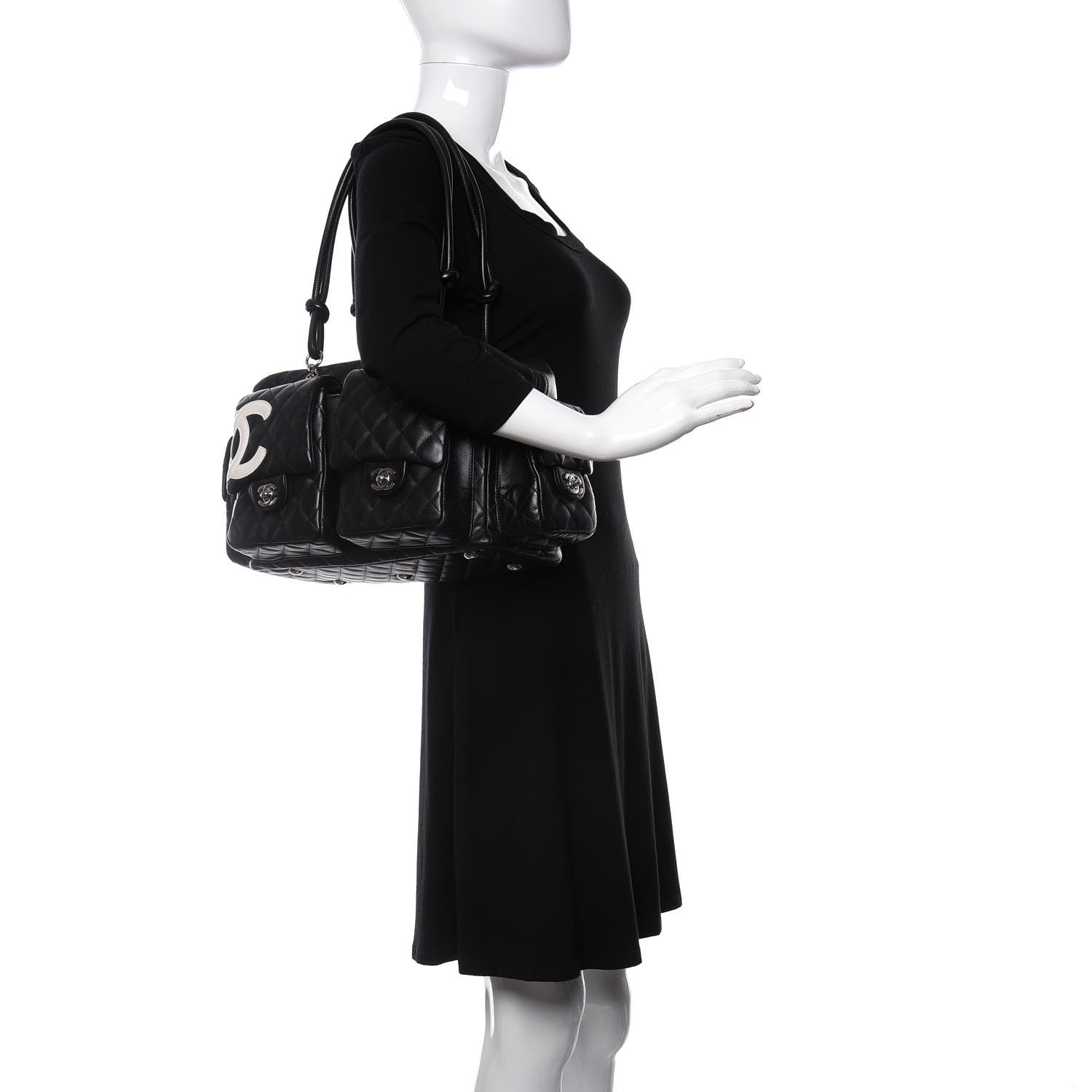 Chanel Calfskin Quilted Large Cambon Multipocket Reporter Black White 2 of 9