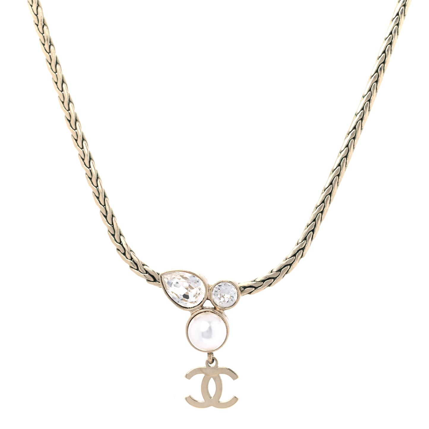 Pearl Crystal CC Teardrop Braided Necklace Gold