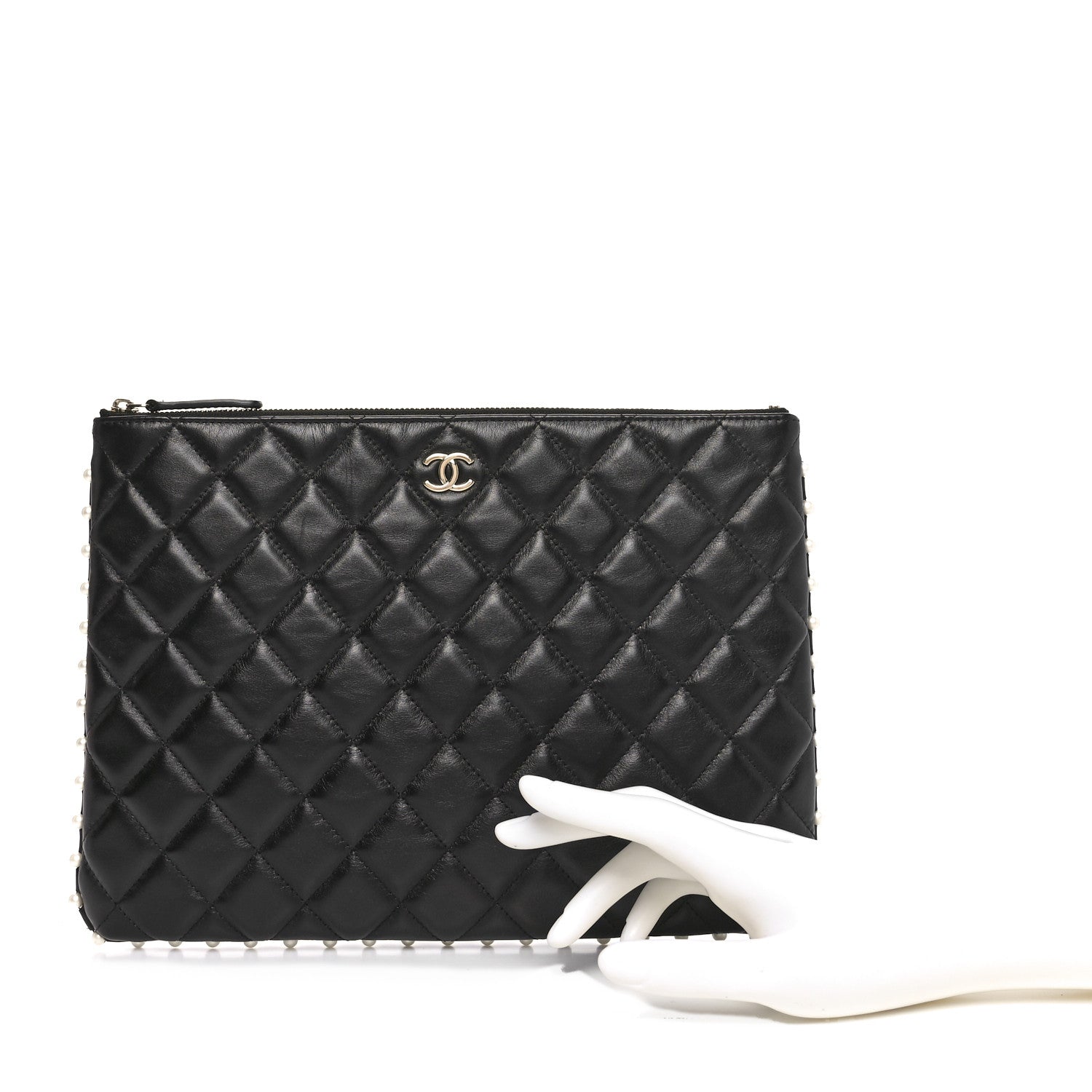 Chanel Calfskin Quilted Pearl Medium Cosmetic Case Black 2 of 9