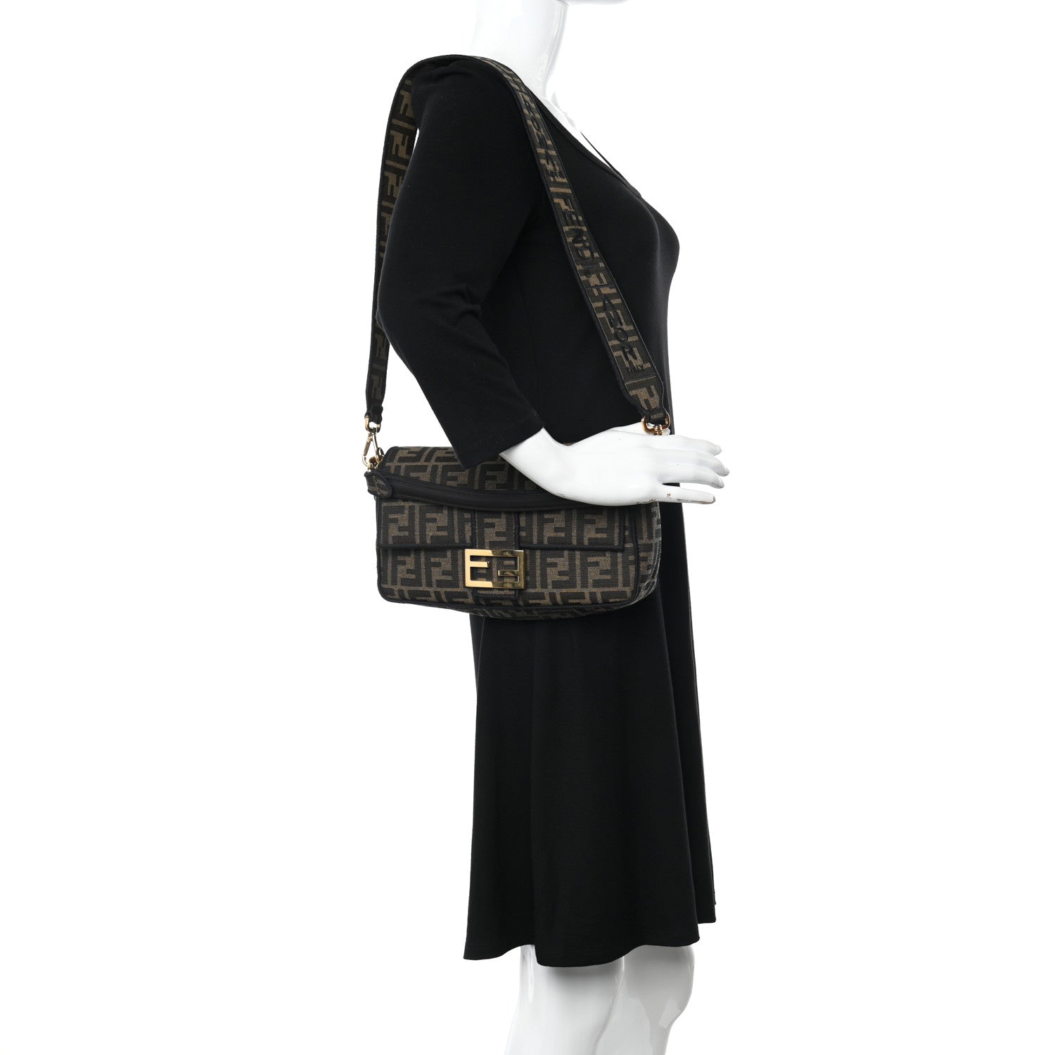 Fendi Fabric Jacquard FF 1974 Medium Baguette Tobacco Moro Black 2 of 11