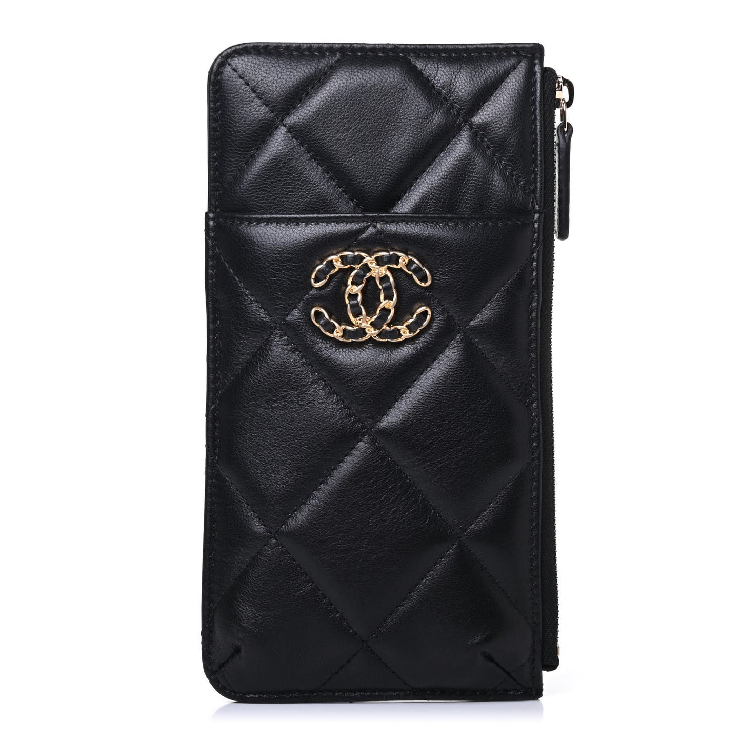 Goatskin Quilted Chanel 19 Flat Wallet Pouch Black