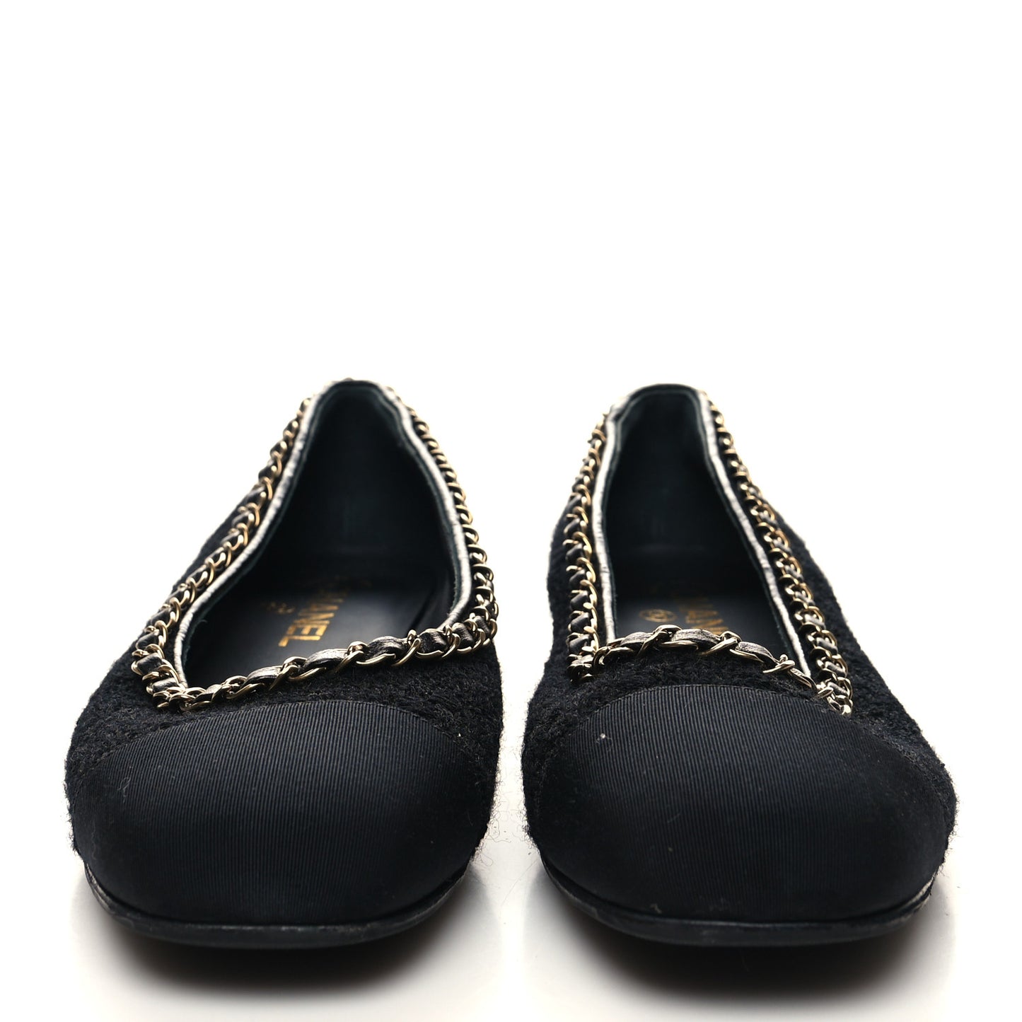 Tweed Grosgrain Chained Cap Toe Ballerina Flats 38 Black