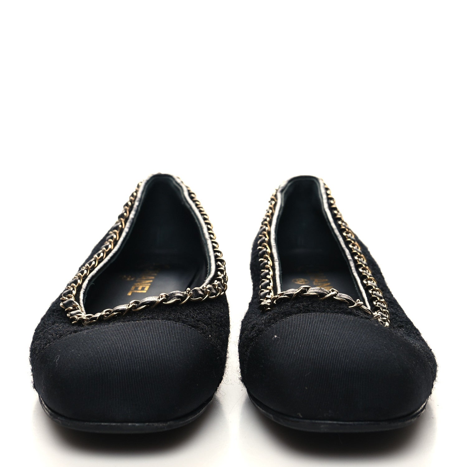 Chanel Tweed Grosgrain Chained Cap Toe Ballerina Flats 38 Black 2 of 8