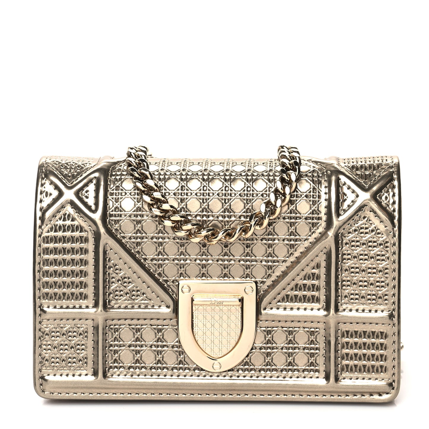 Metallic Patent Micro-Cannage Baby Diorama Flap Bag Gold