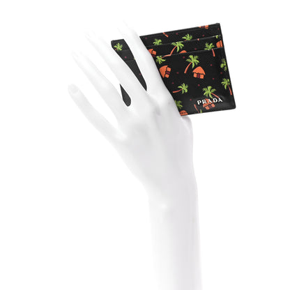 Prada Saffiano Palm Tree Print Card Holder Black 2 of 7