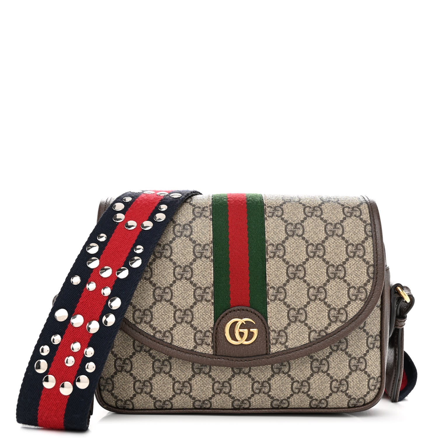 Gucci GG Supreme Monogram Textured Dollar Calfskin Web Studded Mini Ophidia Flap Shoulder Bag Beige Ebony New Acero 1 of 12