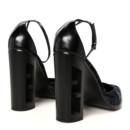 Fendi Chenille Jacquard FF Cut Baguette Ankle Strap 105mm Pumps 41 Black Blue 5 of 9