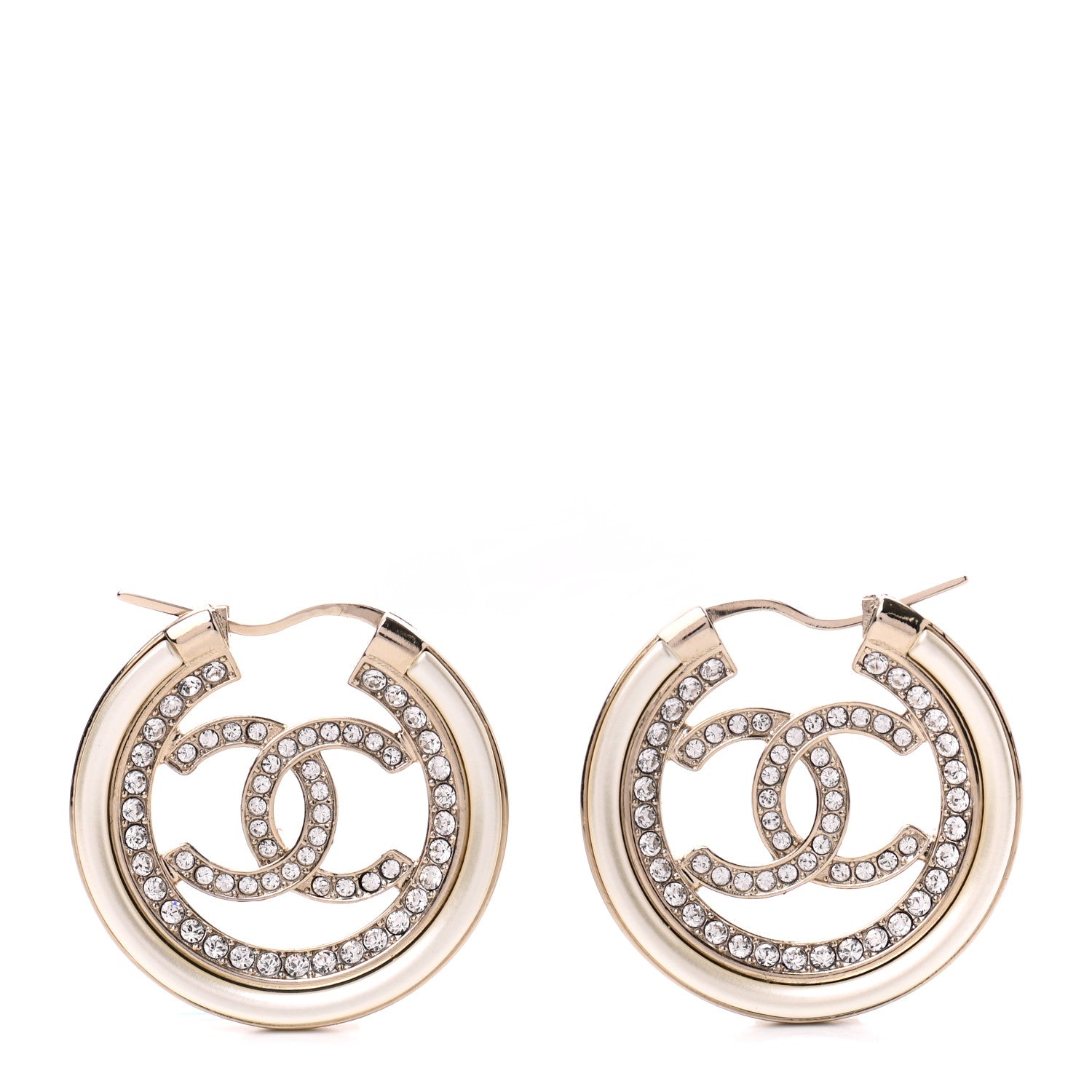 Chanel Metal Crystal Strass CC Hoop Earrings Gold 1 of 4