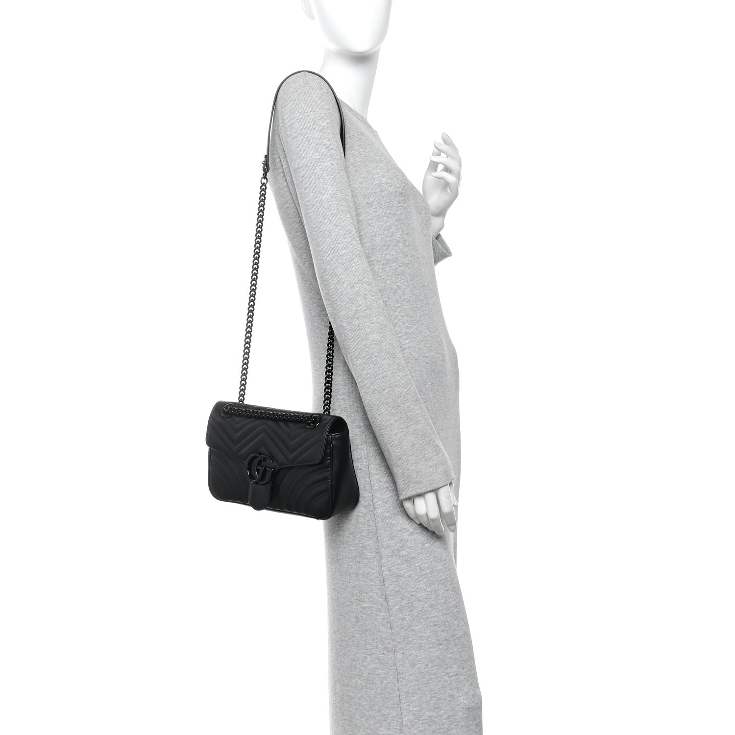 Gucci Calfskin Matelasse Monochrome Small GG Marmont Shoulder Bag Black 2 of 12
