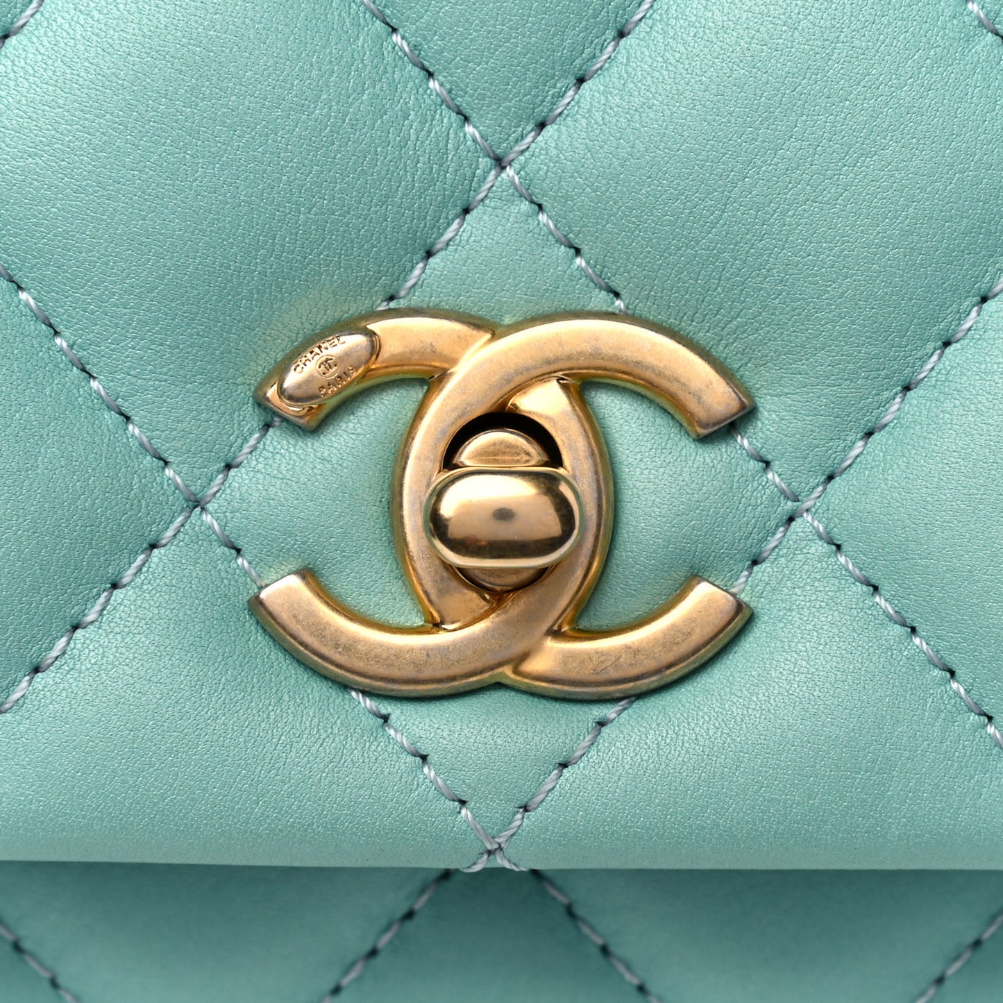 Calfskin Quilted Top Handle Flap Light Blue