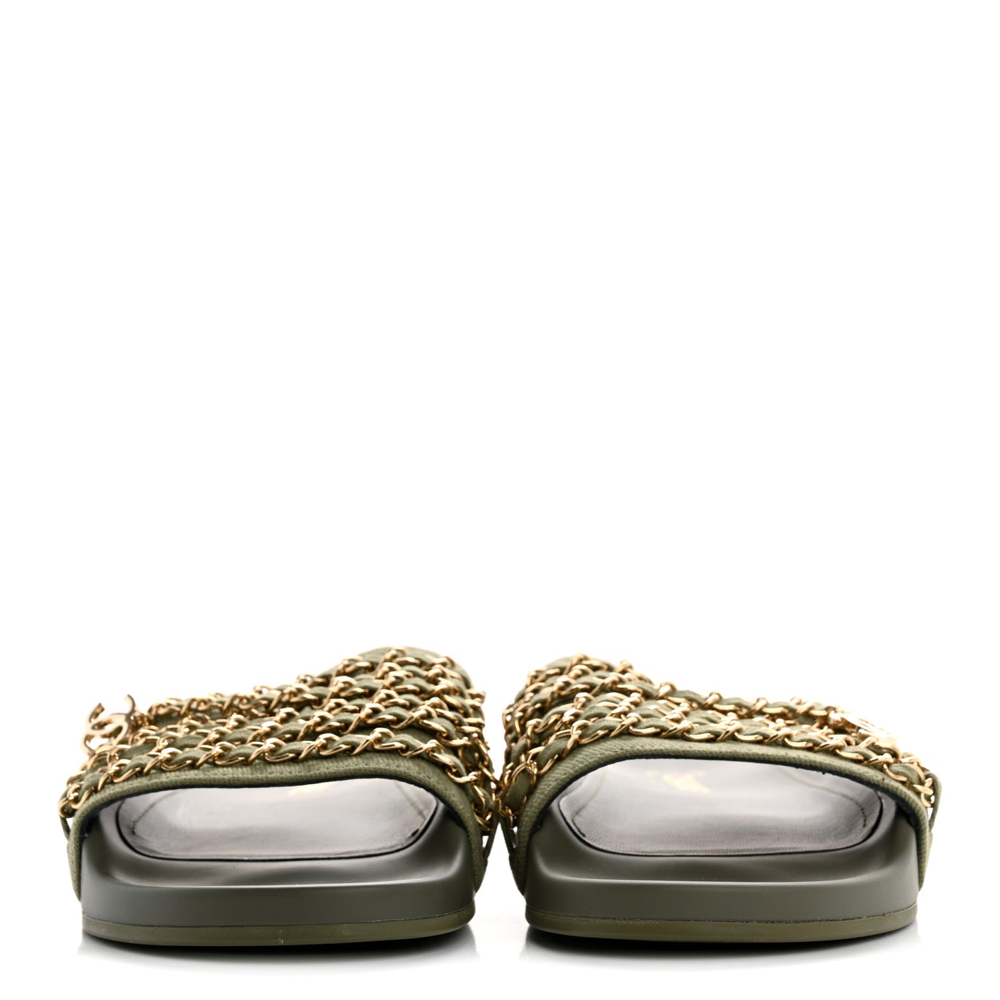 Satin Canvas Chain Slides Sandals Flats 38 Khaki