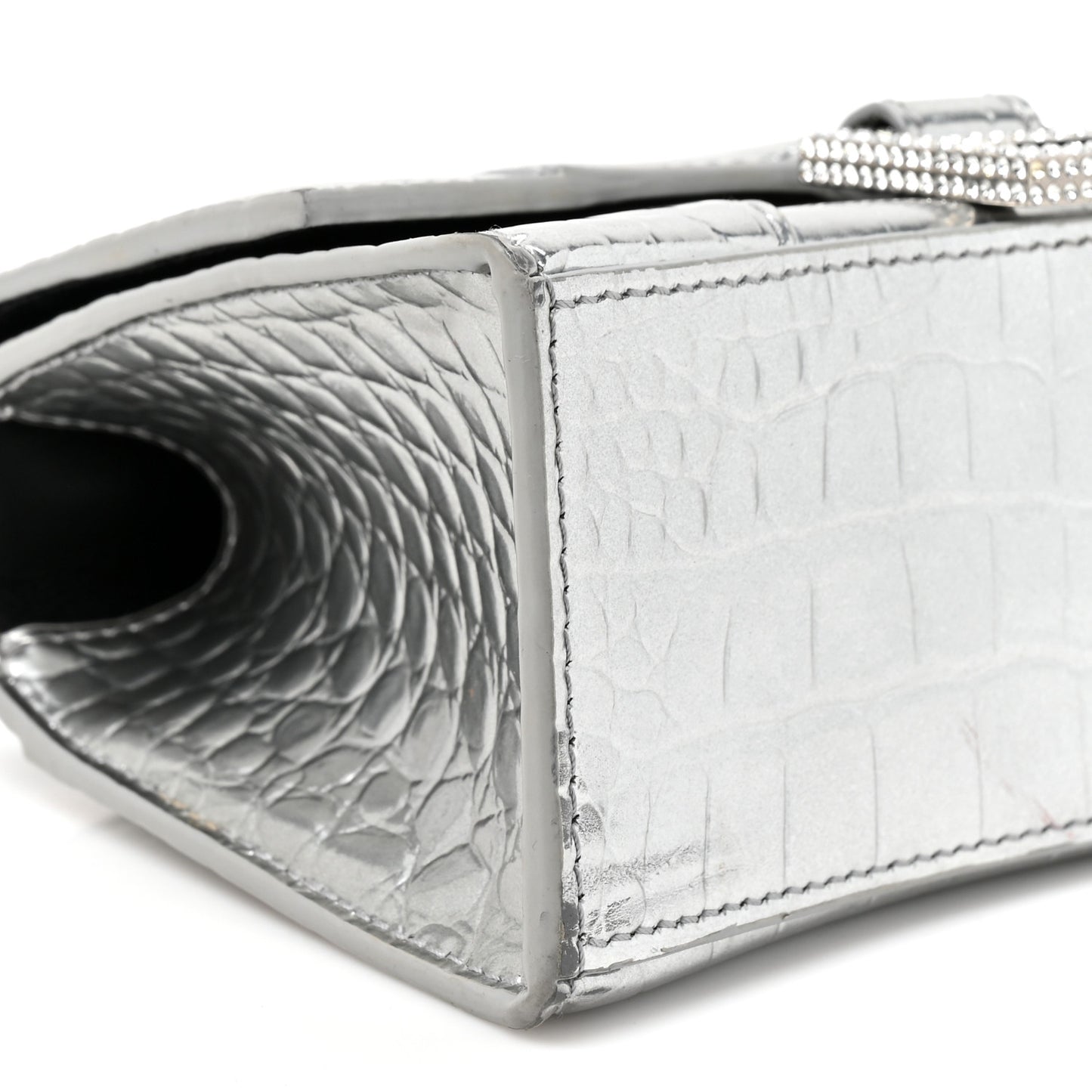 Metallic Calfskin Crocodile Embossed Crystal Hourglass Top Handle Bag XS Silver