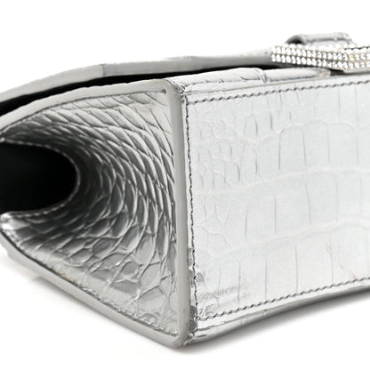 Balenciaga Metallic Calfskin Crocodile Embossed Crystal Hourglass Top Handle Bag XS Silver 9 of 15
