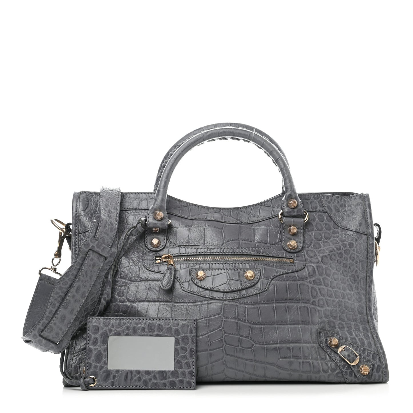 Calfskin Crocodile Embossed Giant 12 Gold Hardware City Gris Beton
