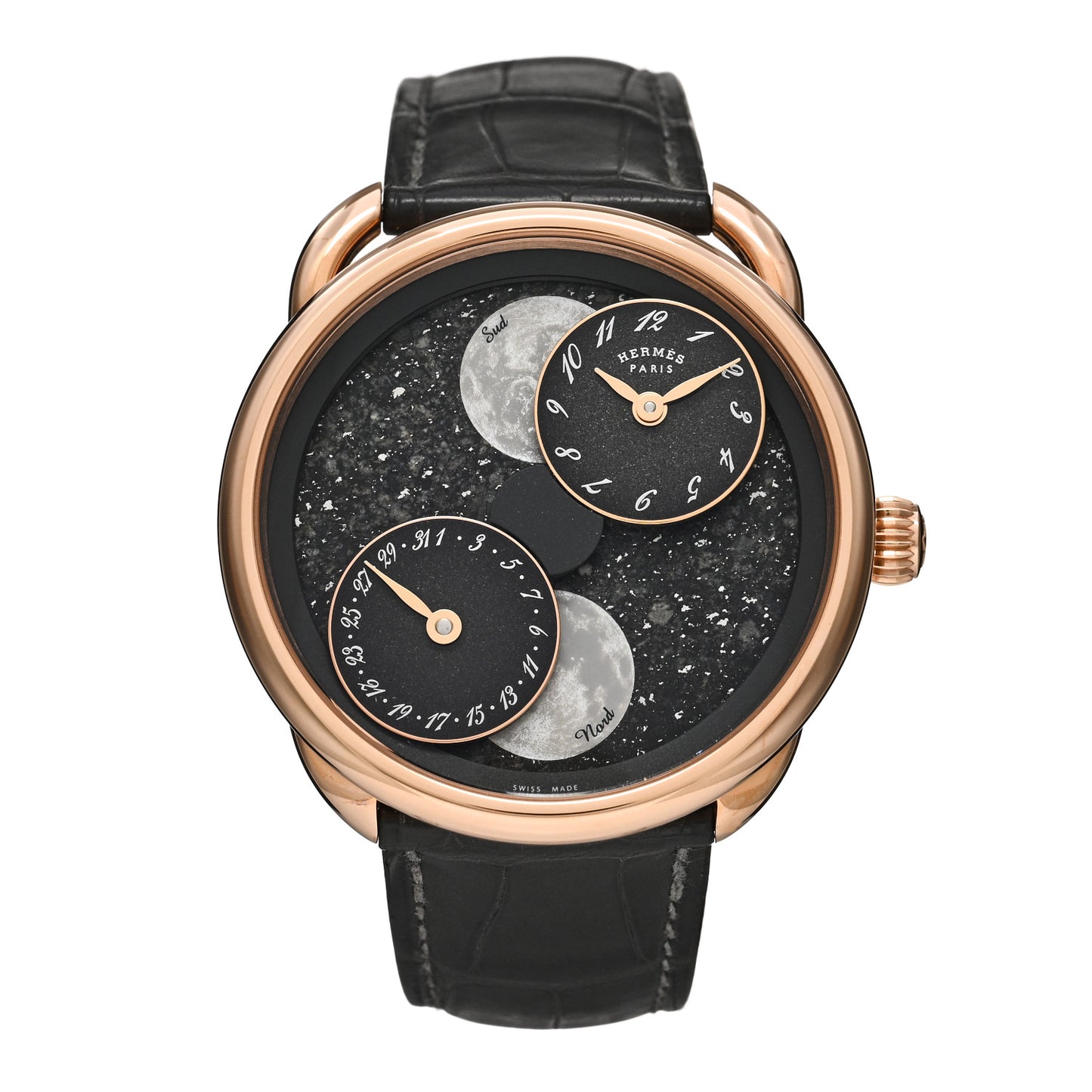 18K Rose Gold Alligator Mother of Pearl Meteorite 43mm Arceau De La Lune Moon Phase Automatic Watch Graphite