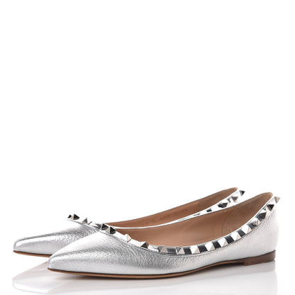 Valentino Garavani Metallic Pebbled Calfskin Rockstud Ballerina Flats 38 Silver 2 of 8