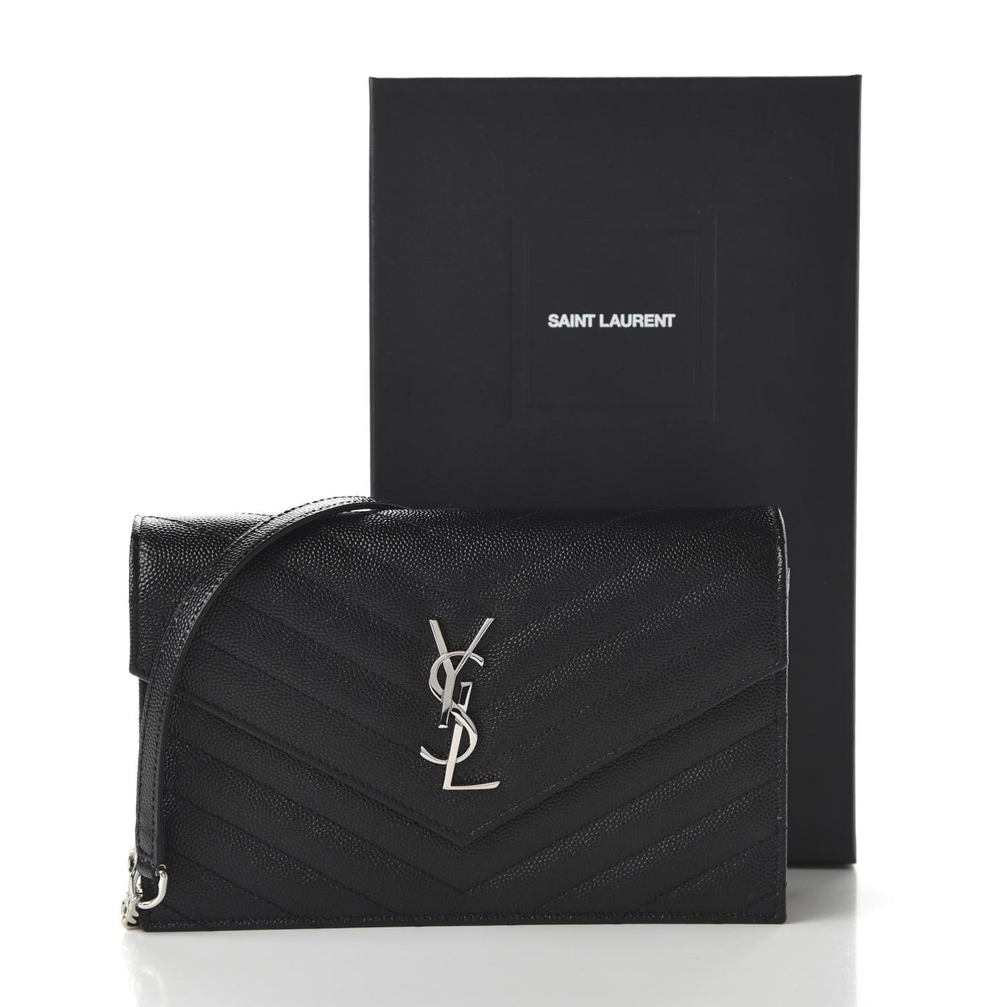 Grain De Poudre Matelasse Chevron Monogram Envelope Chain Wallet Black