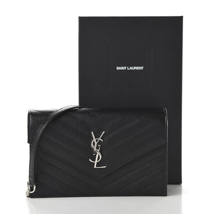 Saint Laurent Grain De Poudre Matelasse Chevron Monogram Envelope Chain Wallet Black 10 of 10
