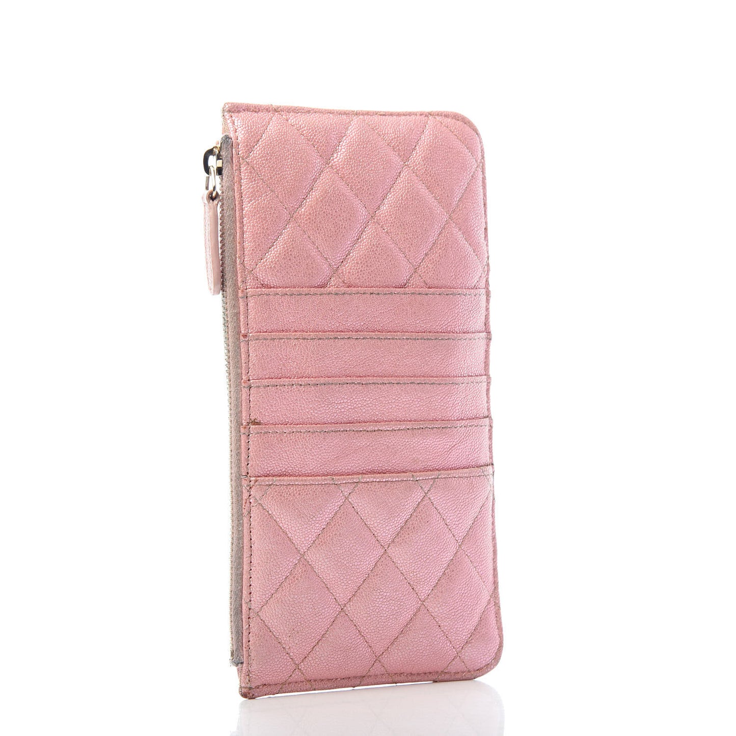 Iridescent Caviar Quilted Classic Flat Wallet Pouch Pink