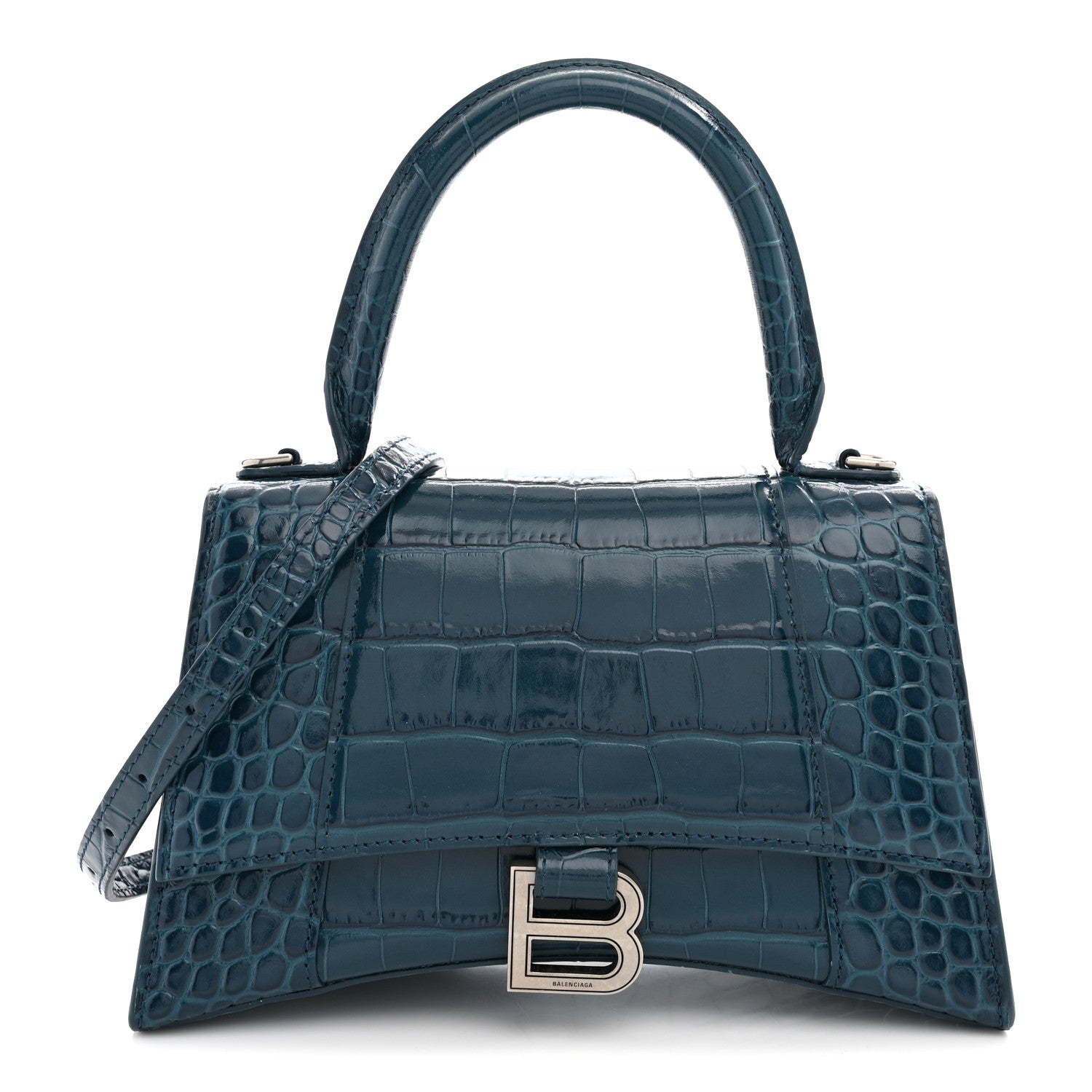 Balenciaga Shiny Calfskin Crocodile Embossed Small Hourglass Top Handle Bag Dark Petrol Blue 1 of 10