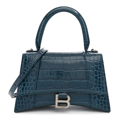 Balenciaga Shiny Calfskin Crocodile Embossed Small Hourglass Top Handle Bag Dark Petrol Blue 1 of 10