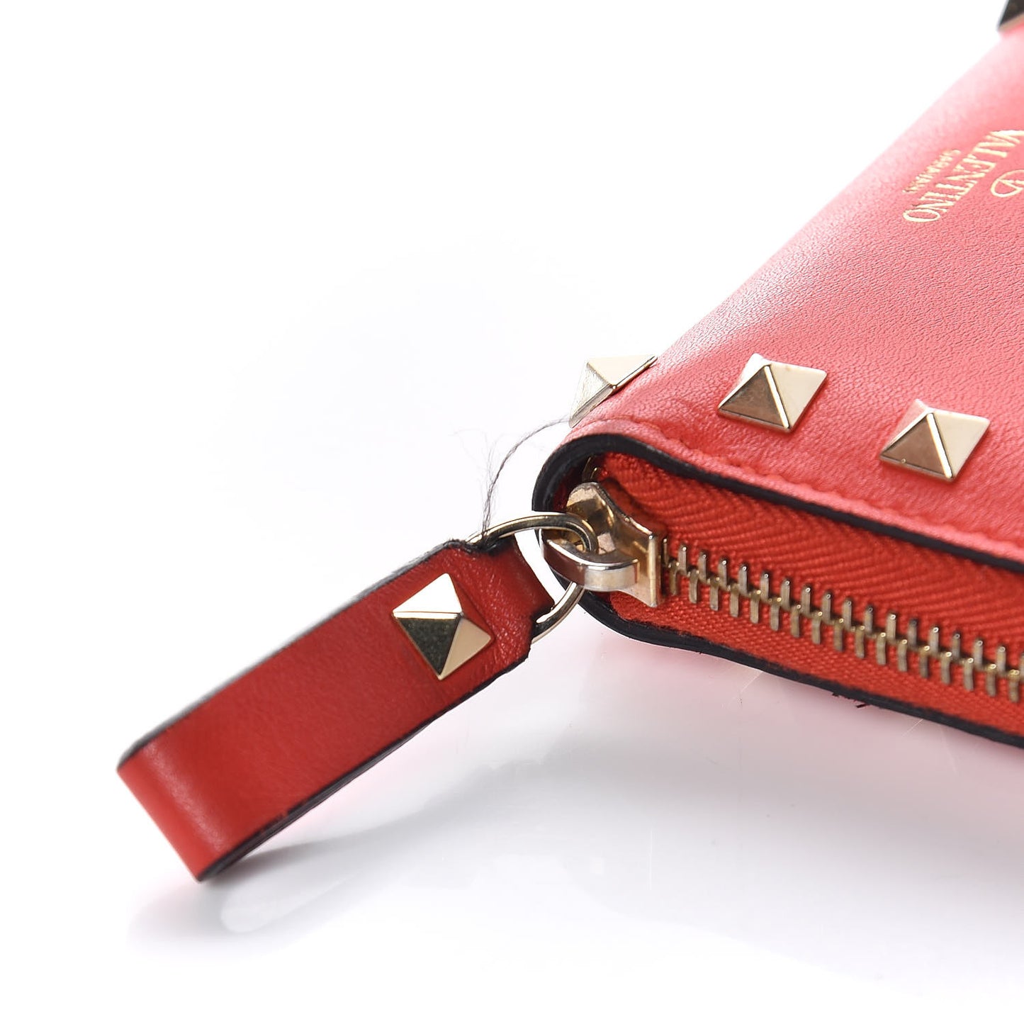 Calfskin Rockstud Zip Around Coin Case Card Holder Deep Orange