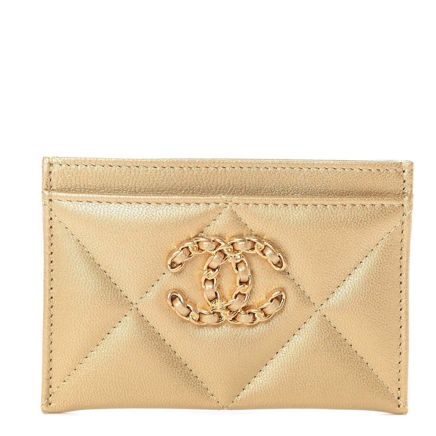 Metallic Goatskin Quilted Chanel 19 Card Holder Gold