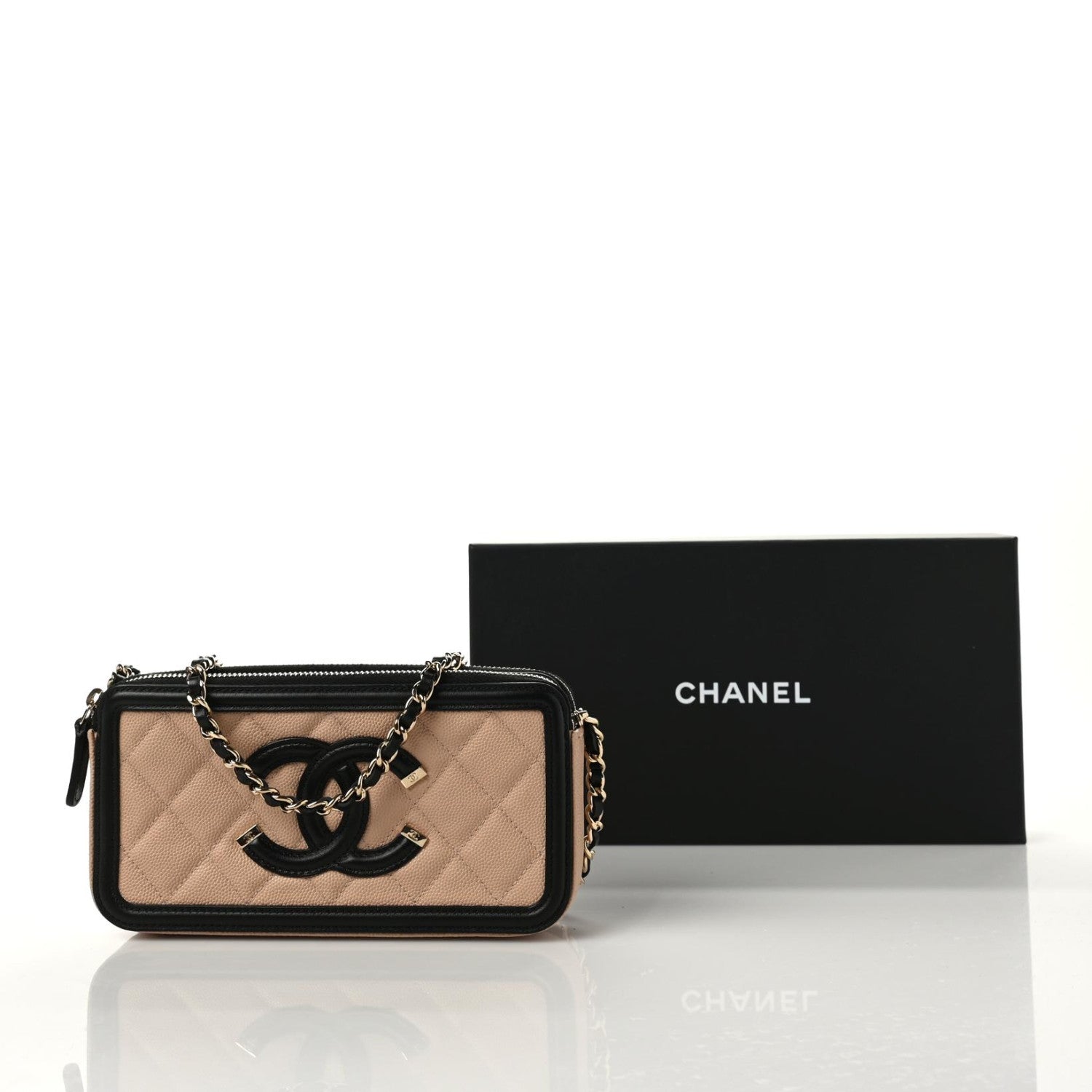 Chanel Caviar Quilted CC Filigree Clutch With Chain Beige Black 10 of 10