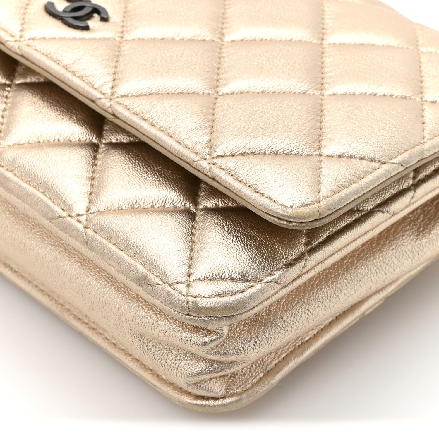 Chanel Metallic Lambskin Quilted Wallet On Chain WOC Gold Black 10 of 13