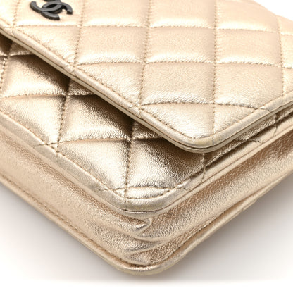 Chanel Metallic Lambskin Quilted Wallet On Chain WOC Gold Black 10 of 13