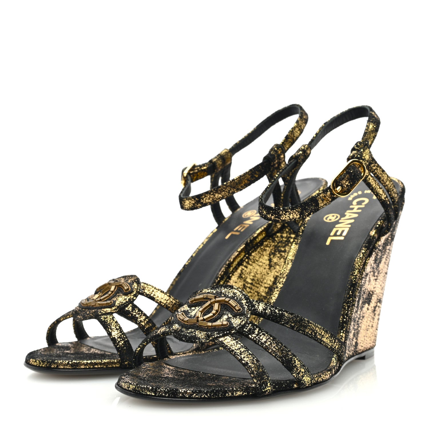 Chanel Metallic Suede CC Wedge Sandals 41 Black Gold 2 of 7