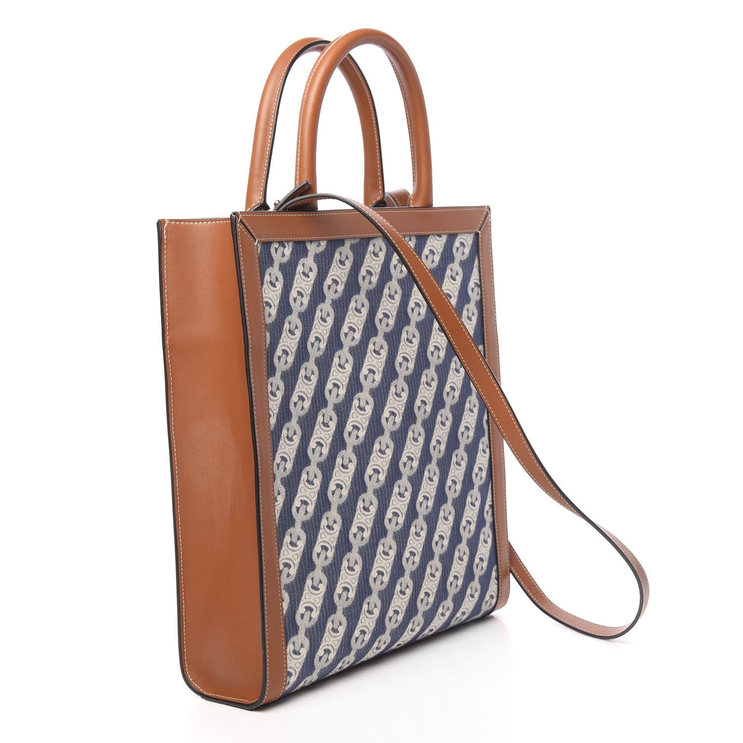 Maillon Triomphe Canvas Calfskin Small Vertical Cabas Navy Tan