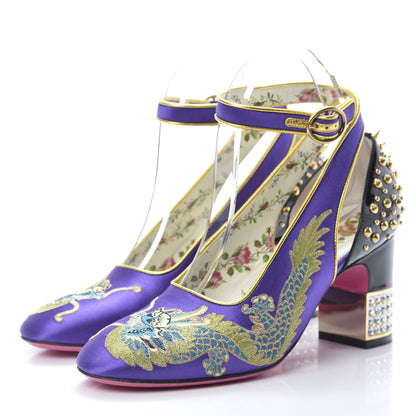 Gucci Satin Embroidered Dragon Caspar Pumps 38 Purple Oro Vecchio Black 3 of 13